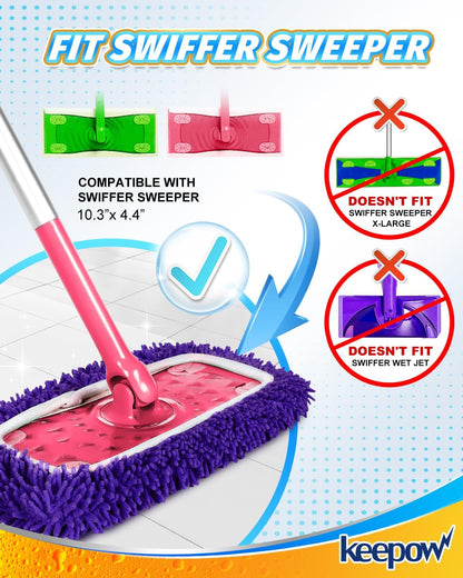 KEEPOW Reusable Microfiber Mop Pads Compatible with Swiffer Sweeper, Dry Sweeping Cloths, Washable Wet Mopping Cloth Refills for Hardwood Floor Cleaning, 6 Pack
