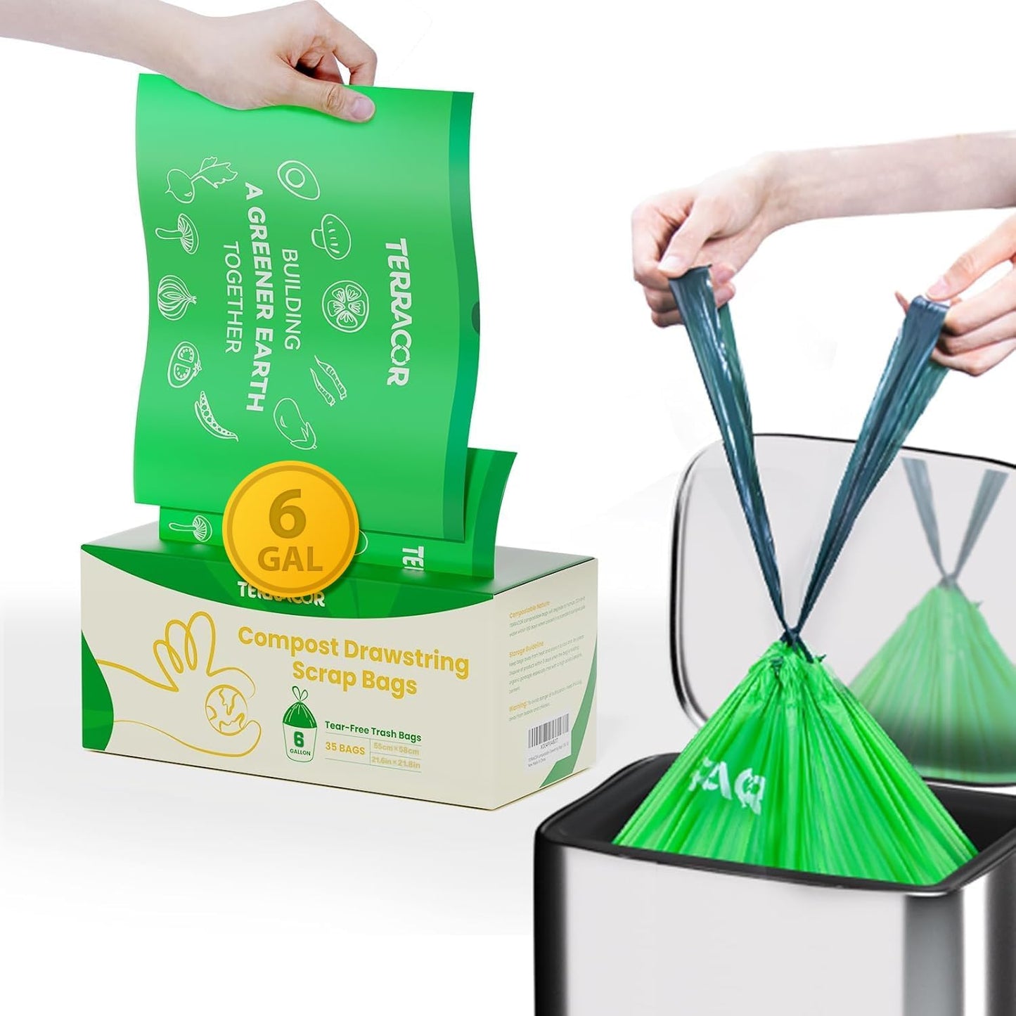 6 Gallon Compostable Trash Bags Drawstring, Heavy Duty Extra Thick 1 Mil, 35 Bags, Tall Kitchen Food Scrap Waste Bag, ASTM D6400 ASIN