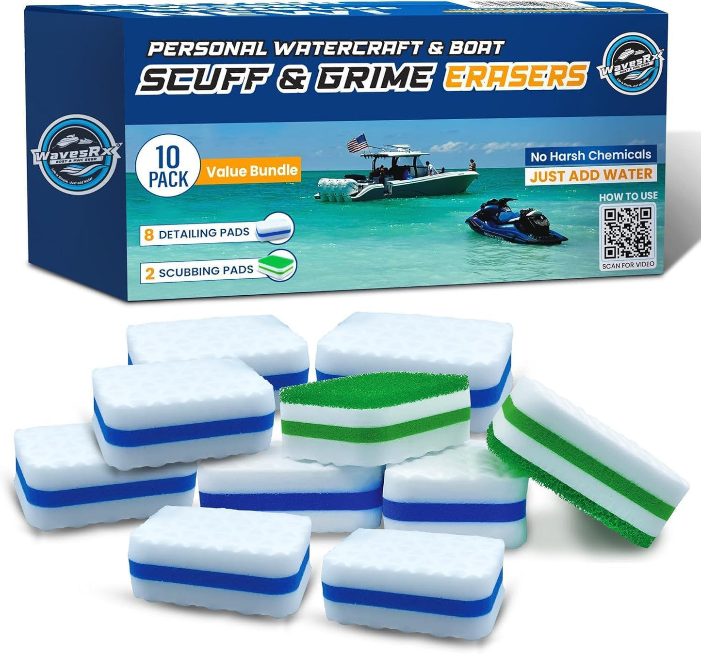 WAVESRX Marine Scuff and Dirt Eraser Sponges for Boats, Jet Ski & PWC | Magic Cleaning Pads Effortlessly Remove Deck Marks, Scratches, Black Streaks and Grease | No Harsh Chemicals