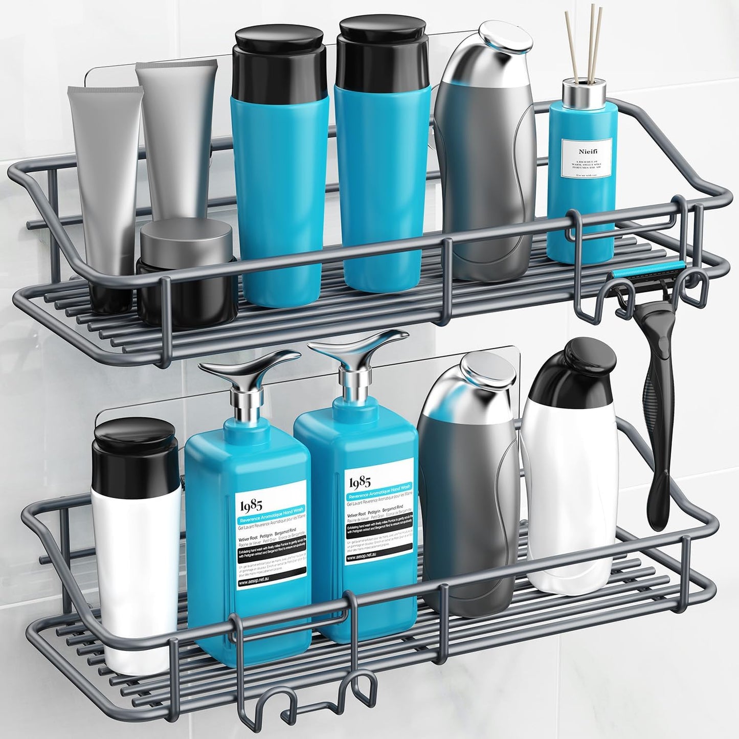 Nieifi Shower Caddy Shelf Storage Rack Adhesive Without Drilling Stainless Steel with Hooks for Washroom, Lavatory, Restroom, Toilet, Bathroom, Kitchen - 2 Pack