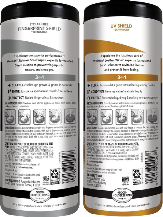 Weiman Stainless Steel Wipes and Leather Wipes - Clean and Polish Appliances for a Brighter and Longer Shine - Clean, Condition and Restore Leather Surfaces - Packaging May Vary