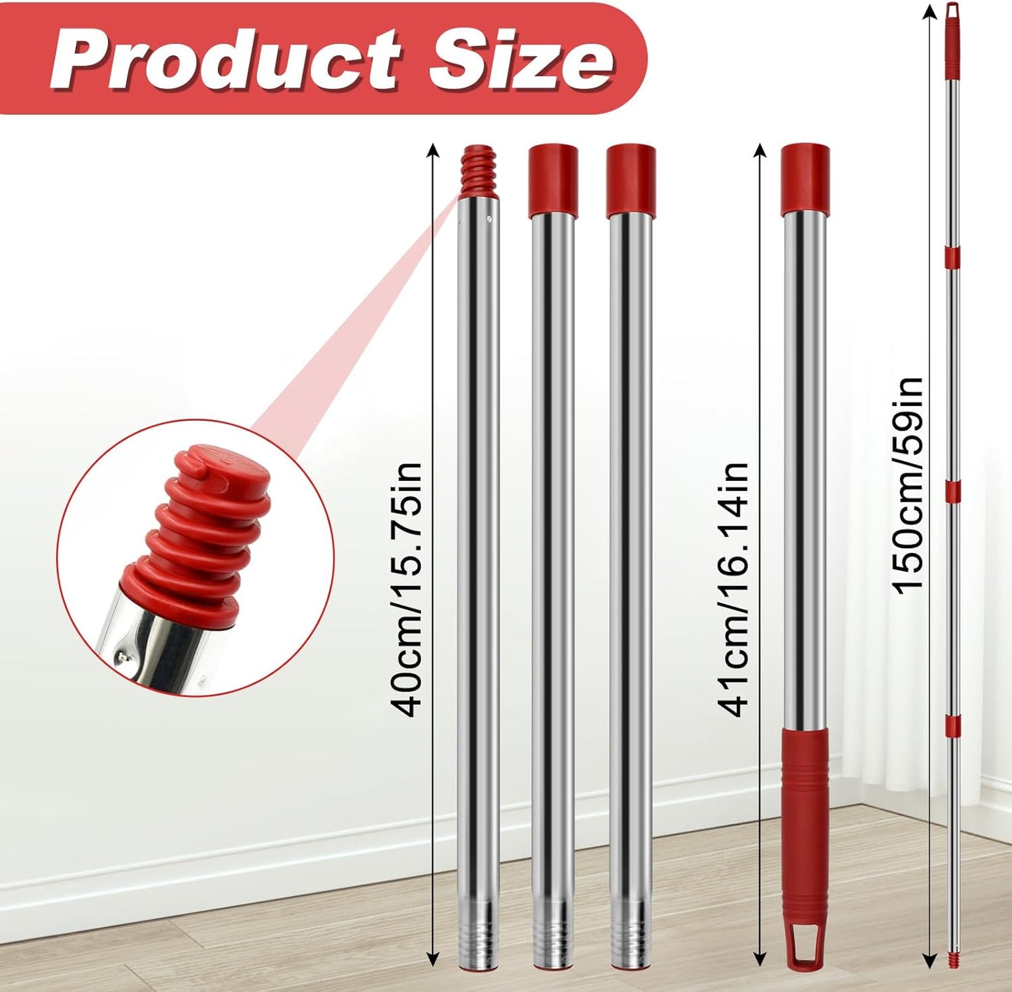 4 Part Stainless Steel Spin Mop Handles, Mop Base & Upgrade Scrub Brush Combo for Ocedar EasyWring 1 Tank Spin Mop System, Mop Handle Mop Base & Brush Set for O Cedar Mop, Universal Thin Screw Joints