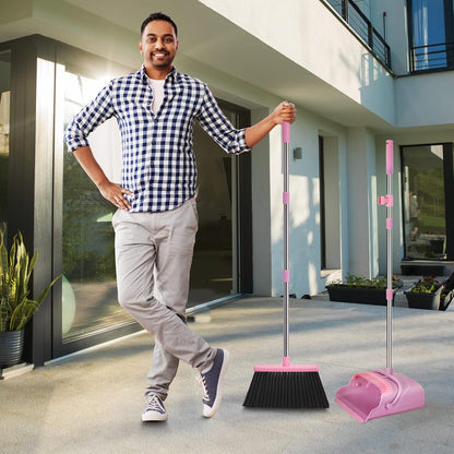 Upgrade Broom and Dustpan Set, Self-Cleaning with Dustpan Teeth, Indoor&Outdoor Sweeping, Ideal for Dog Cat Pets Home Use, Stand Up Broom and Dustpan (Gray&Orange)