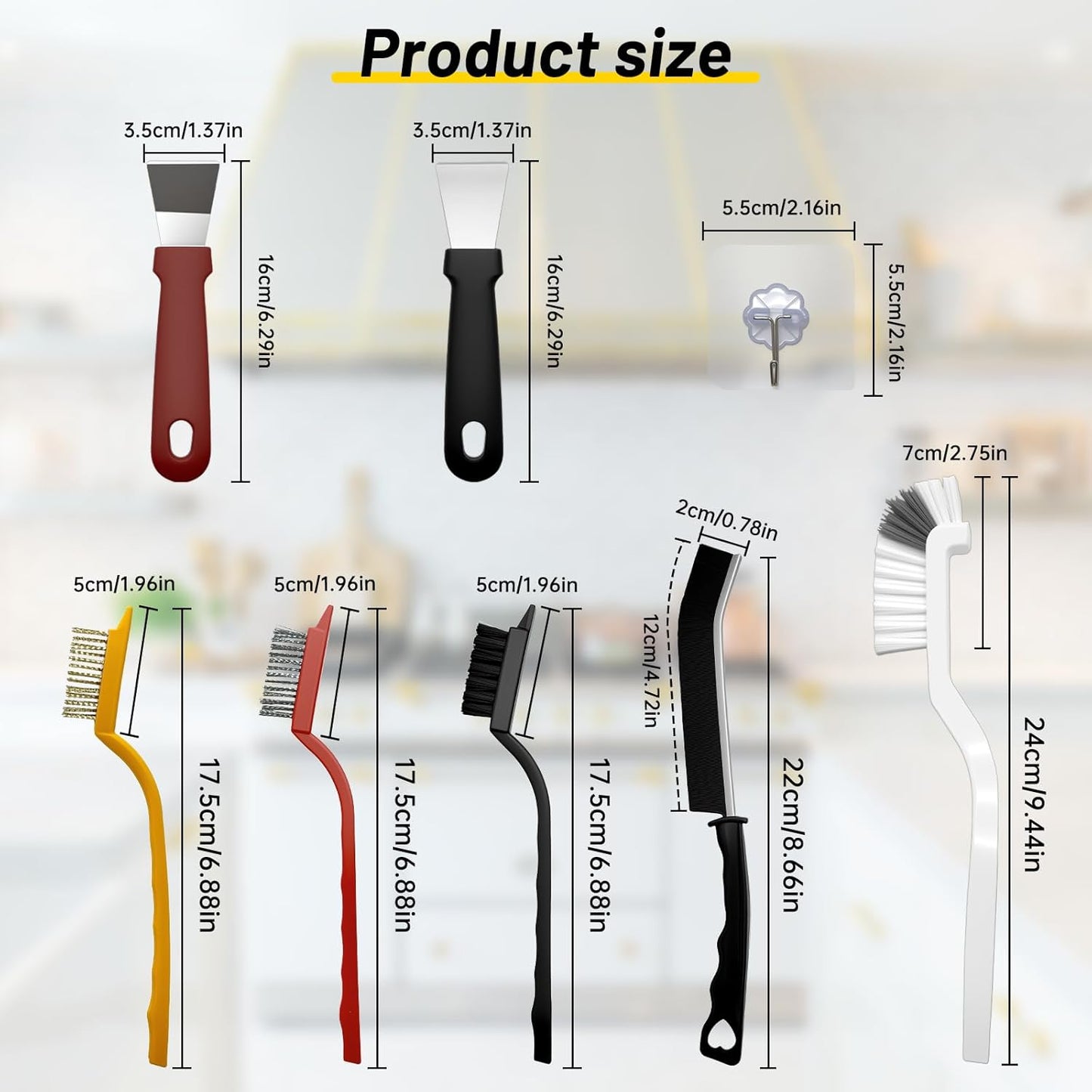 12Pcs Crevice Cleaning Brush Set, Hard Bristle Small Cleaning Brushes for Household Use with Scraper & Hook, Multi-Purpose Cleaning Tool for Kitchen, Bathroom, Grout, Corners, Tight Spaces