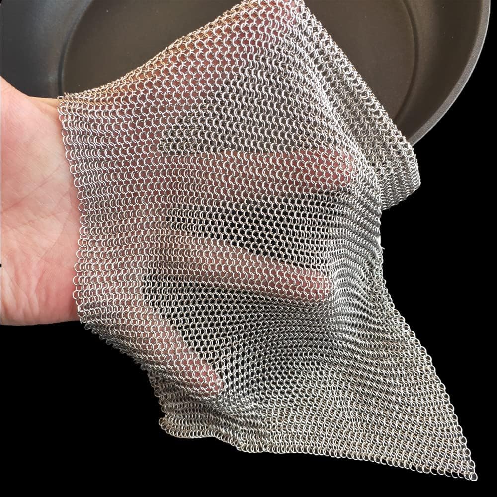 Cast Iron Cleaner and Chainmail Skillet Scrubber - 4''x4'' Upgraded 3.8mm Small Ring, 316L Stainless Steel Fine Rings - Durable Scraper for Skillets, Pans, Griddles & Containers