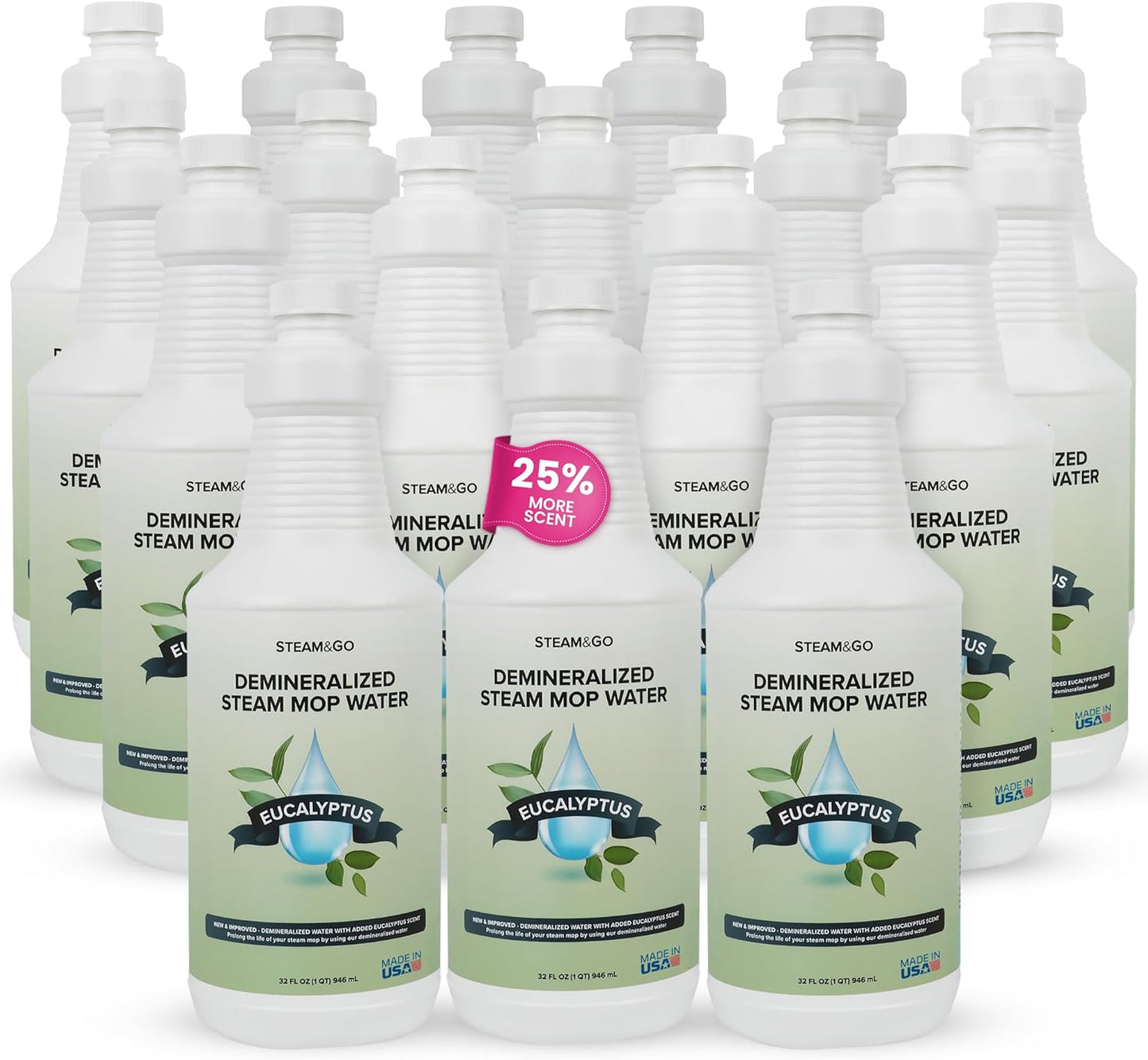 Steam & Go - Demineralized Water for Steam Cleaner, PVC-Free Floor Cleaner Liquid Compatible with Any Steam Mop, Ready-to-Use Multisurface Cleaner, Scented Mop Solution, Eucalyptus Mint, 32 oz