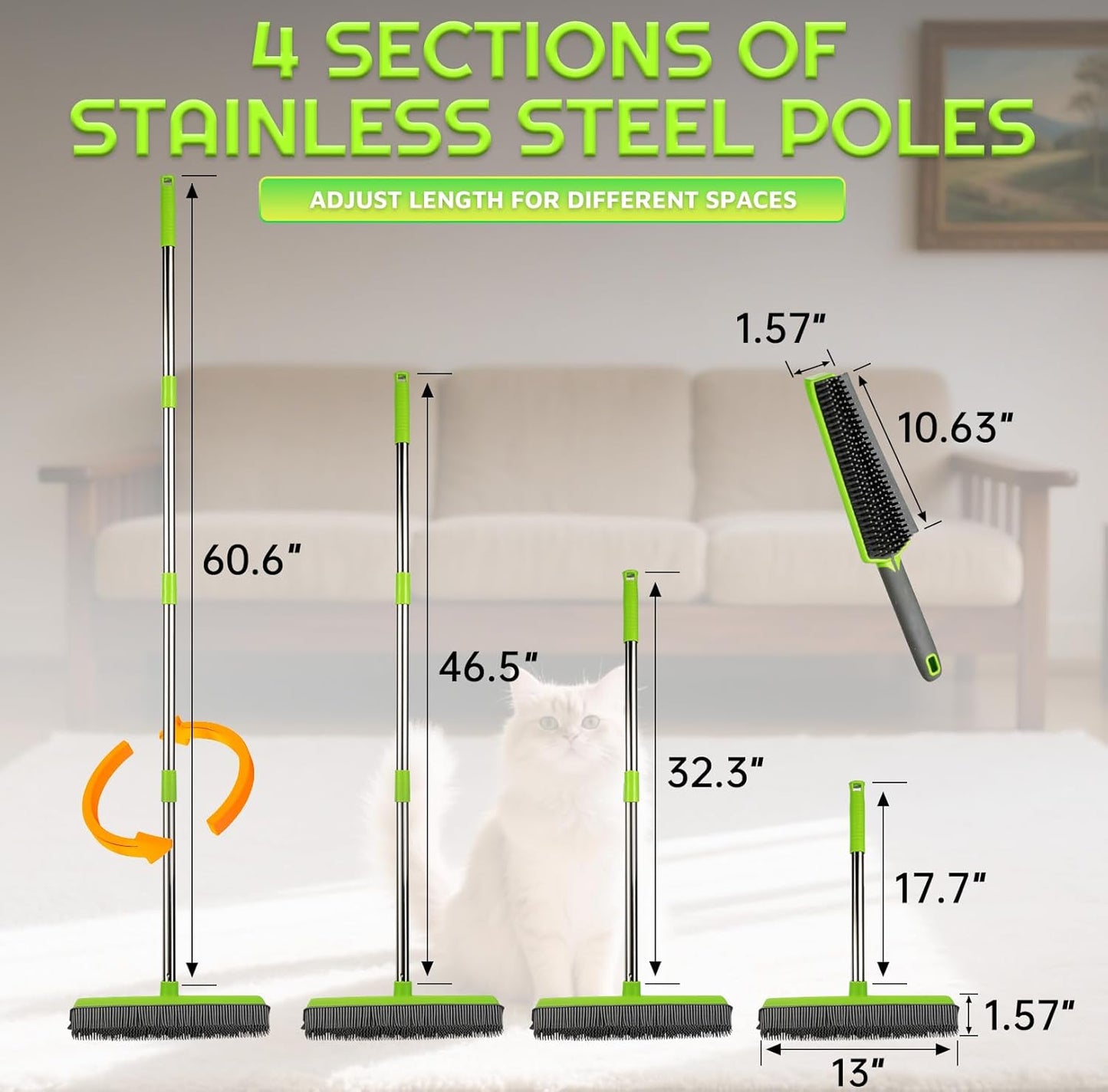 Rubber Broom for Pet Hair —Gets What Your Vacuum Misses,Non-Scratch Carpet Rake 24 "-61 "Adjustable Handle,4-in-1 (Squeegee+Pet Brush+2 Microfiber Cloth),Stairs,Corners, Rugs,Hardwood Green