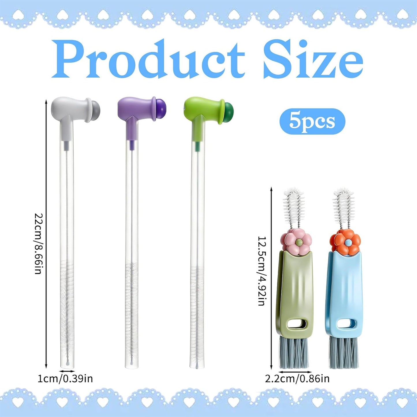 Straw Cleaner Brush Set: 3 Pcs Reusable Pea Long Straw Pipe Cleaner Brushes and 2 Pcs Cup Lid Cleaning Brush for Water Bottles and Tumblers