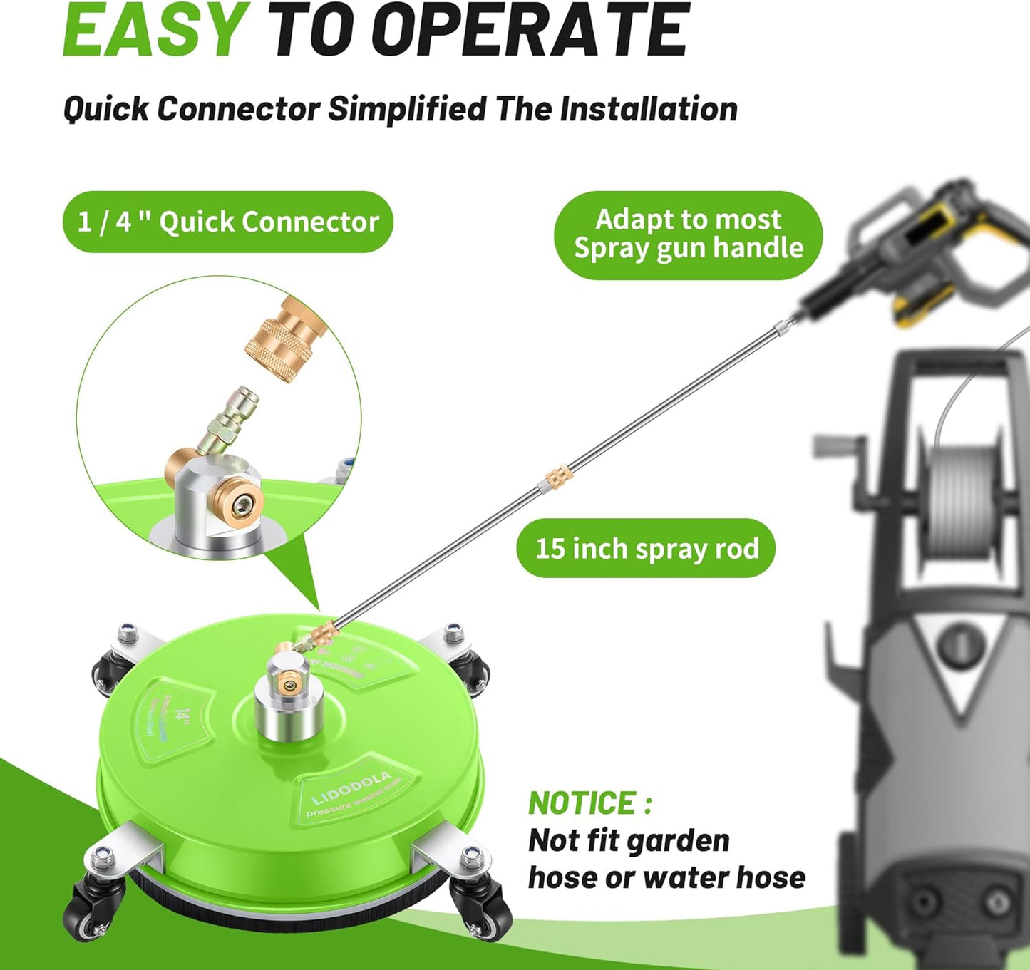 14" Pressure Washer Surface Cleaner with 4 Wheels - Stainless Steel Surface Cleaner for Pressure Washer Attachment for Concrete, Patio, Sidewalk, Deck and Driveways - PWS14