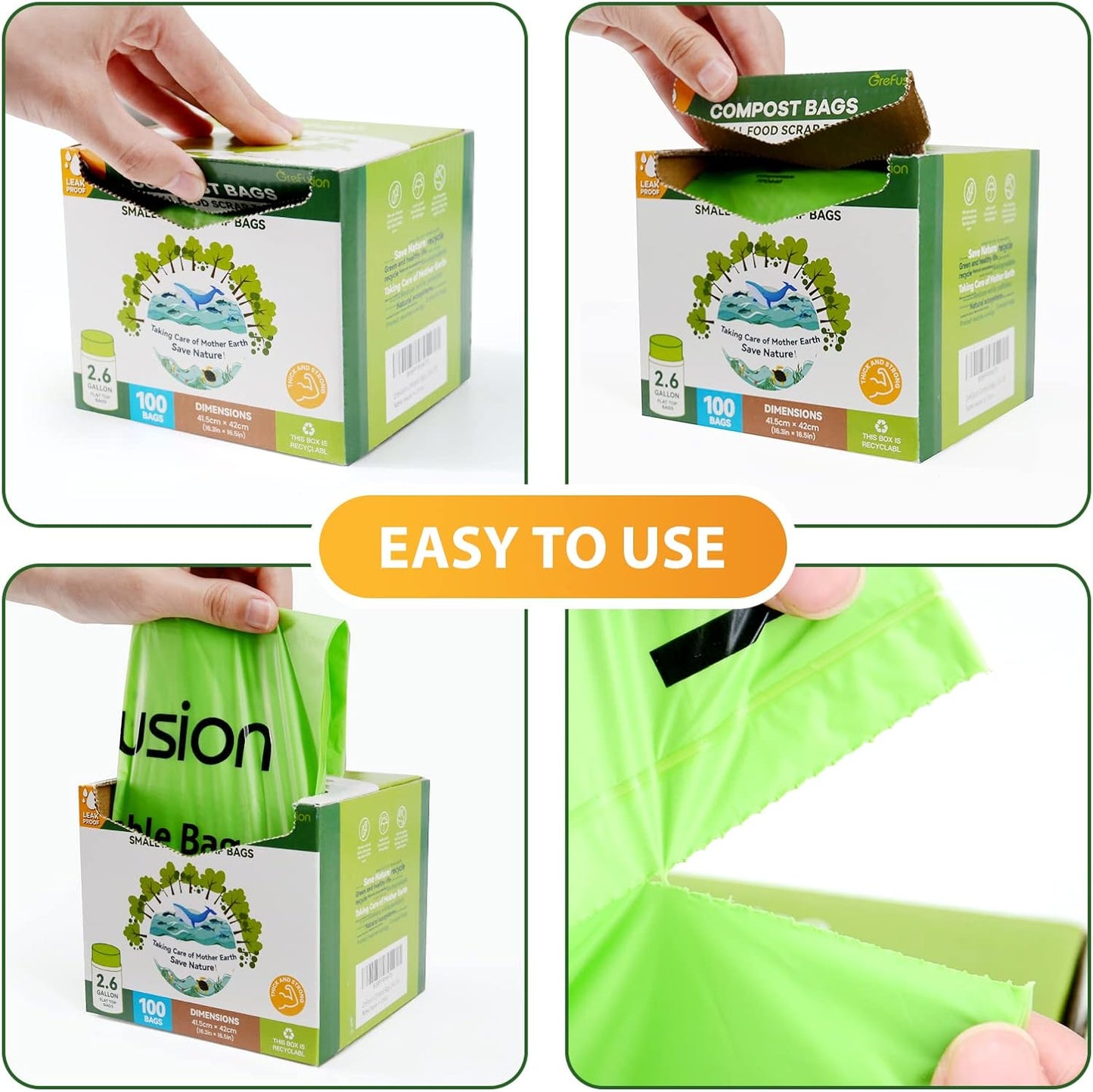 GreFusion Compostable Bags 1.2 Gallon,125 Count, Fits 0.75,1,1.2,1.3,1.6,1.8 Gallon Countertop Bin, Small compost bags, Certified by BPI, ASTM D6400 and OK Compost