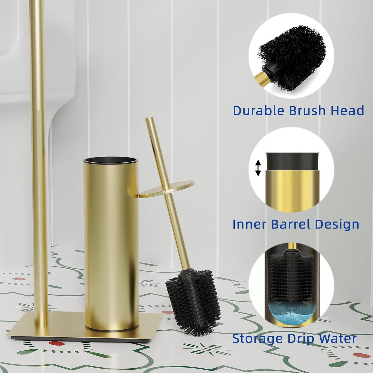 RUACQ Toilet Paper Holder Stand with Toilet Brush and Holder Set, 304 Stainless Steel Bathroom Toilet Tissue Paper Roll Holder Free Standing, Weighted Base, Heavy Duty (Matte Black)