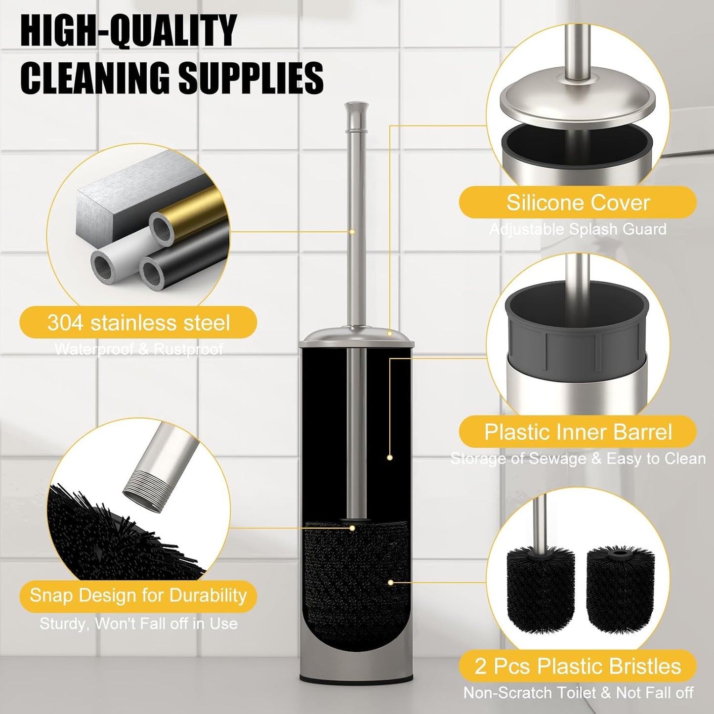 BESy Toilet Brush and Holder, Toilet Cleaner Bowl Set with Two Brush with Extra Long Handle, Durable Bristles Toilet Scrubber and Covered Holder, Drip-Proof Stainless Steel Oil Rubbed Bronze