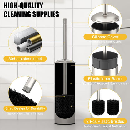 BESy Toilet Brush and Holder, Toilet Cleaner Bowl Set with Two Brush with Extra Long Handle, Durable Bristles Toilet Scrubber and Covered Holder, Drip-Proof Stainless Steel Oil Rubbed Bronze