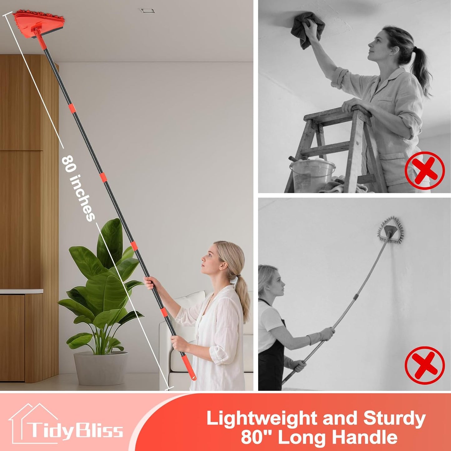 Wall Cleaning Mop with Long Handle 80”, Ceiling Duster Scrubber with 360° Swivel Collapsible Head, Baseboard Cleaner Tool with 3 Chenille and 3 Microfiber Pads for Windows Floor (Red)