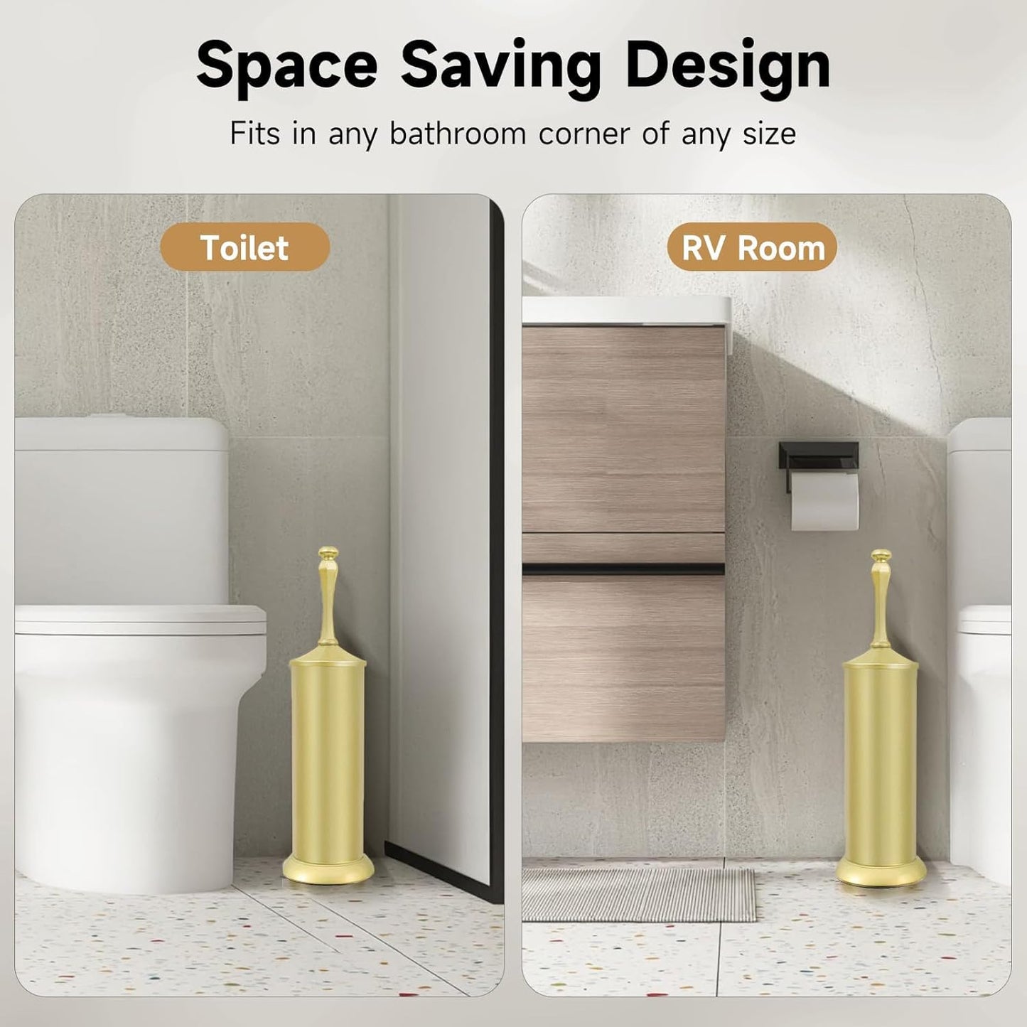 Bronze Toilet Brush and Holder，Extra Long Handled Toilet Brush for Bathroom，Stainless Steel Heavy Duty Toilet Bowl Brush,Deep Cleaning Modern Toilet Cleaner Brush -Space Saving, Covered Brush, Durable