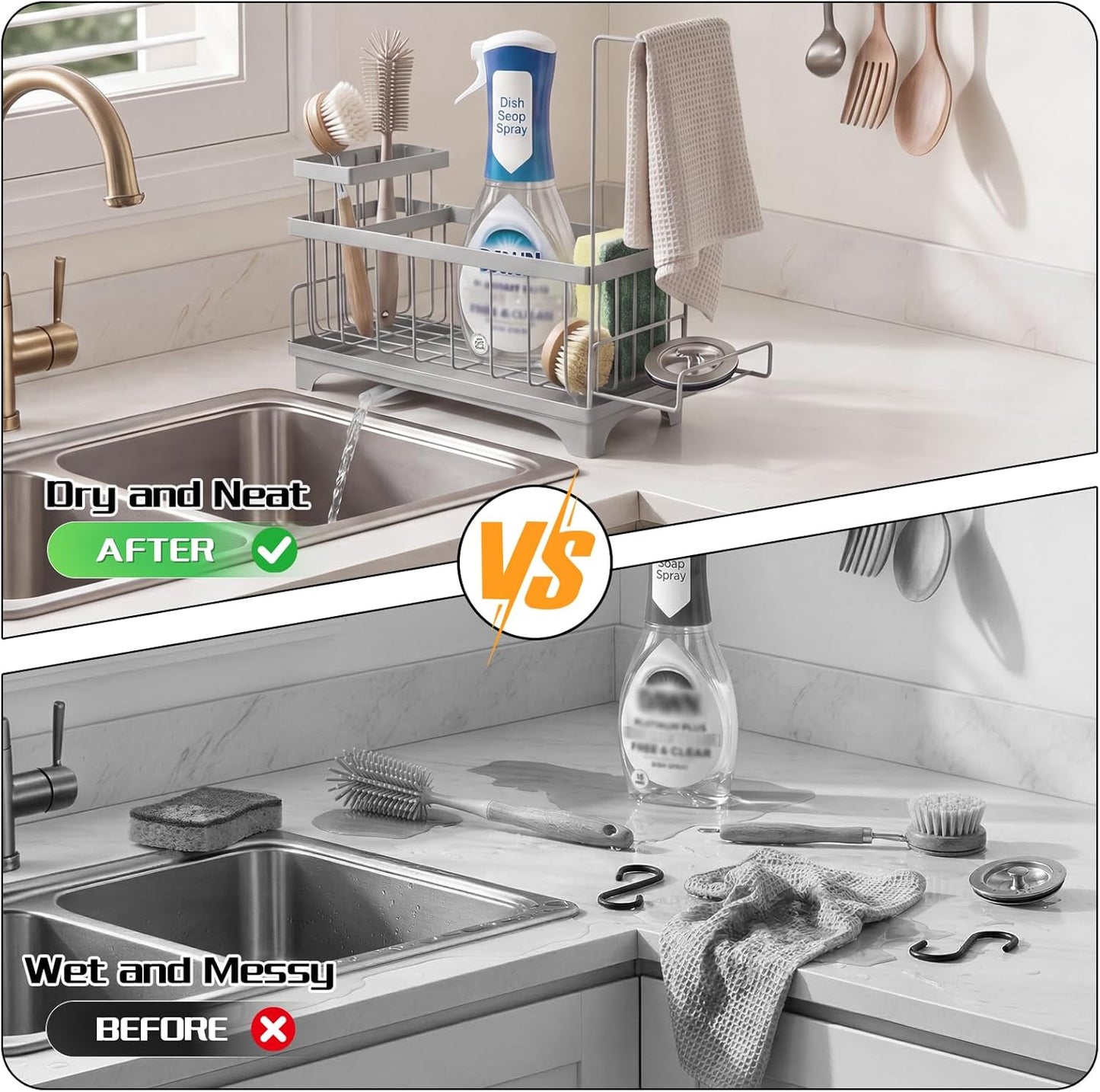 VOOWO Sponge Holder for Kitchen Sink, Compact Sink Caddy with Detachable Brush Holder and Towel Rack, Stainless Steel Kitchen Sink Organizer for Dish Sponge, Soap Dispenser Storage Accessories (White)