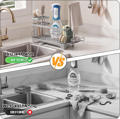 VOOWO Sponge Holder for Kitchen Sink, Compact Sink Caddy with Detachable Brush Holder and Towel Rack, Stainless Steel Kitchen Sink Organizer for Dish Sponge, Soap Dispenser Storage Accessories (White)