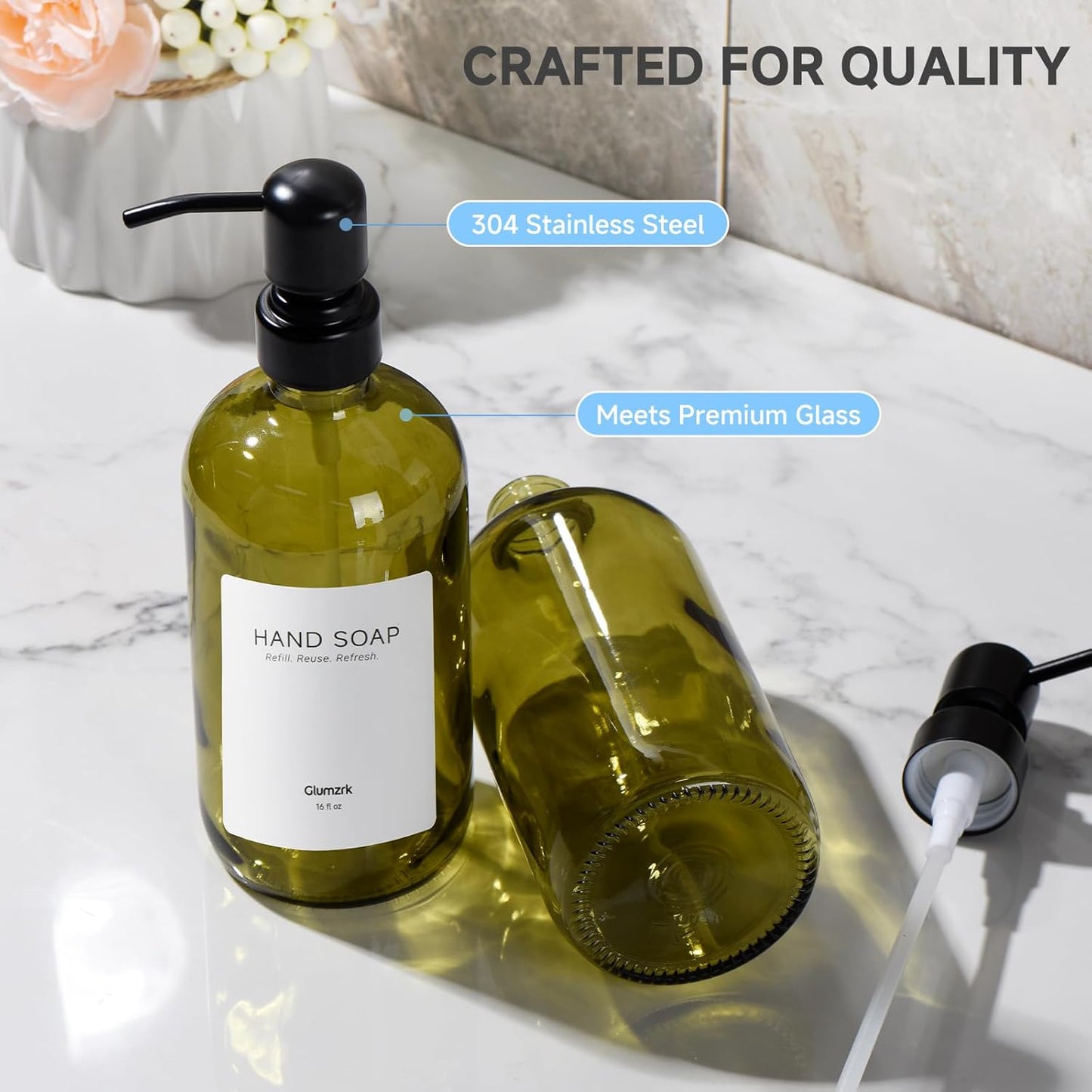2 Pack Kitchen Soap Dispenser Set - 16oz Amber Glass Dish and Hand Soap Dispenser with Stainless Steel Pump, Instant Dry Tray, Dish Brush & Holder, Refillable Countertop Sink Decor for Kitchen & Bath