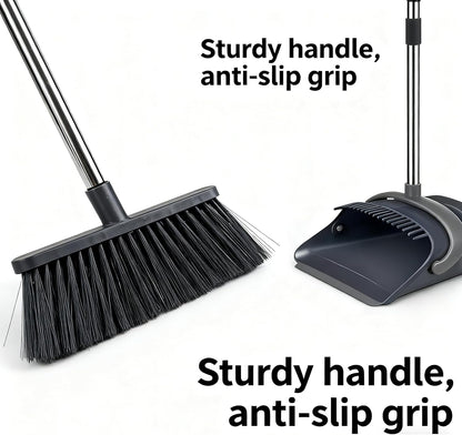 Broom and Dustpan Set with Long Handle - Upright Dustpan & 3 Rows Dense Bristles, Ideal for Home, Office, Kitchen, Lobby, Shop, All-Purpose Indoor & Outdoor Sweeping,Gray&Yellow