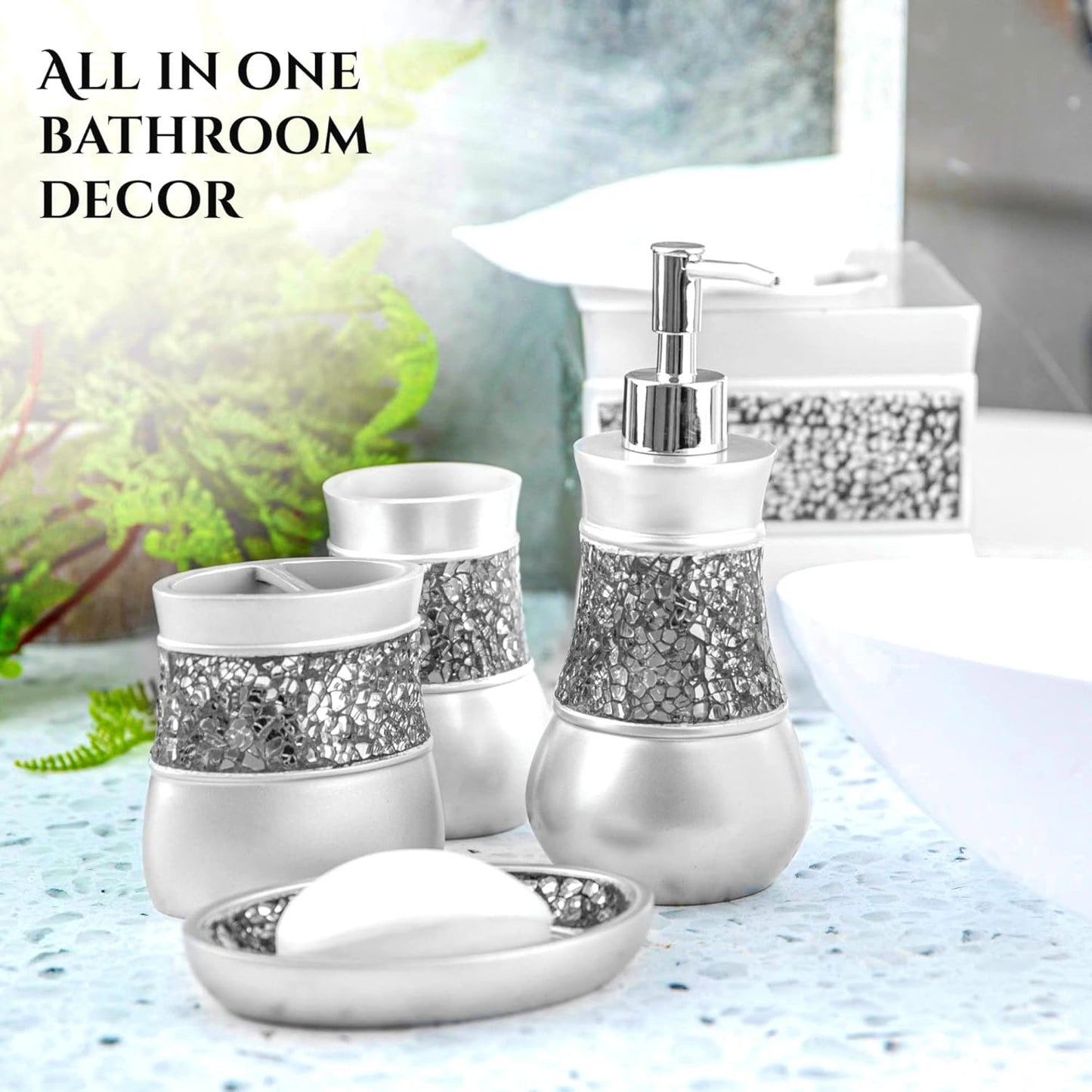 Creative Scents Crackled Glass Toilet Brush with Holder - Silver Toilet Bowl Cleaner Brush and Holder - Good Grip, Deep Cleaning, Decorative Design Compact Toilet Bowl Scrubber