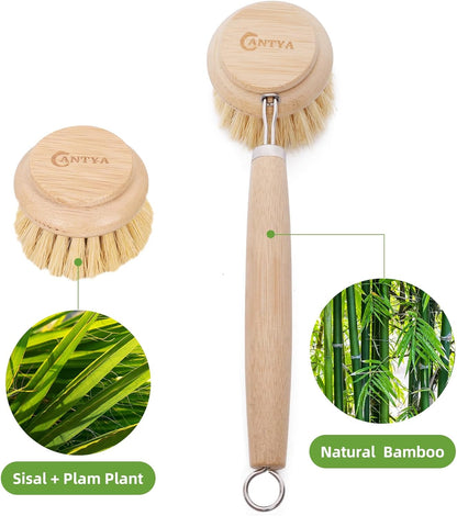 Bamboo Dish Brush with Handle - Soft Bristle, Non Toxic Dish Scrubber Compostable & Sustainable Bamboo Scrub Brush for Dishes, Pots and Pans