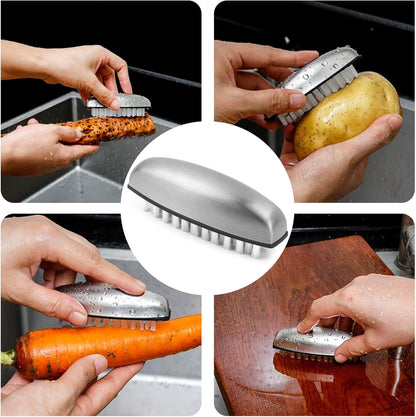 Vegetable and Fruit Cleaning Brush, 304 Stainless Steel Cleaning Brush, Microfiber Scrubbing Pad, Multipurpose Kitchen Tool (White)