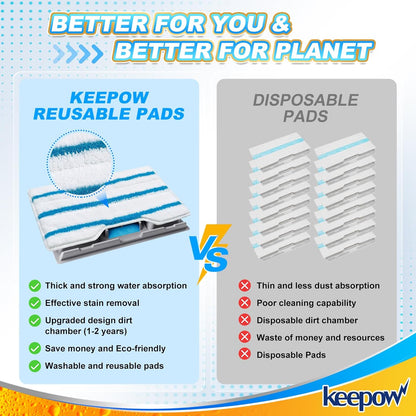 KEEPOW Reusable Mop Replacement Pads Compatible with Shark Vac Mop VM252 VM200 VC205 VM250 VM180 VM401 QM250 VM190, Washable Vacuum Mop Pad Refills, Upgraded Design of Dirt Chamber (1+3+6 Pads)