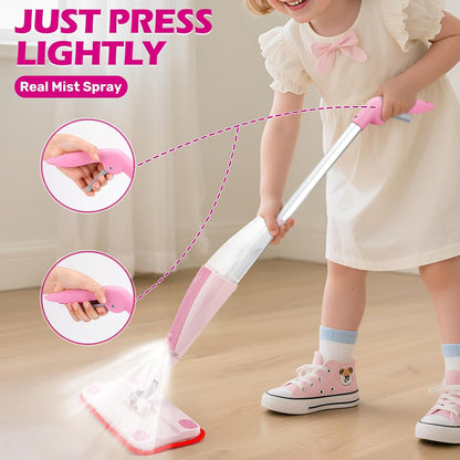 Dreamon Kids Spray Mop - Real Working Toddler Cleaning Set with Water Sprayer & 3 Washable Mop Pads & Scraper, Pretend Play Montessori Housekeeping Toys Gifts for Toddlers Kids Girls Boys(Blue)