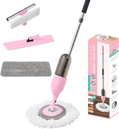 Multi-Surface Spray Mop Kit 3-in-1 with Flat, Round, Squeegee Mop Heads, Refillable Water Bottle, Machine Washable Pads for Floors, Windows