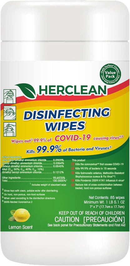 Herclean Wipes, Cleaning Wipes, Household Cleaning Wipes - Office Supplies, School Supplies, Travel Essentials, Home Essentials (85pcs/Canister)/12 PER CASE