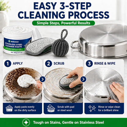 Stainless Steel Cleaner Paste, Heavy Duty Burnt Pan Cleaner for Pots, Stove, Sink & Cookware, Removes Grease & Stains with Scrubber & Steel Wool