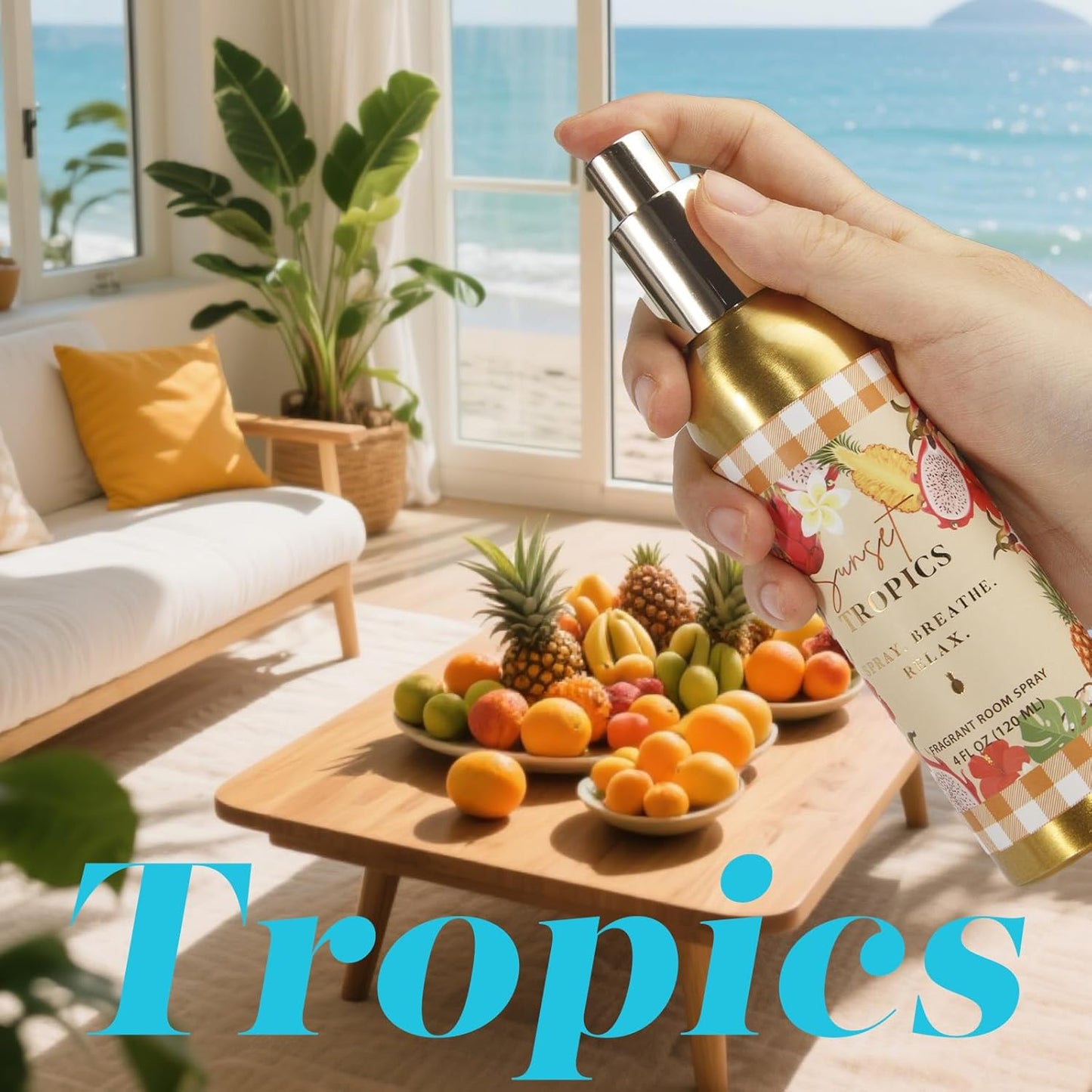 Room Spray, Tidal Coconut, Woven Ocean, Sunset Tropics, 3 Pack, Each 4 fl oz, Air Freshener for Home, Long-Lasting Odor Eliminator for Bathroom and Office
