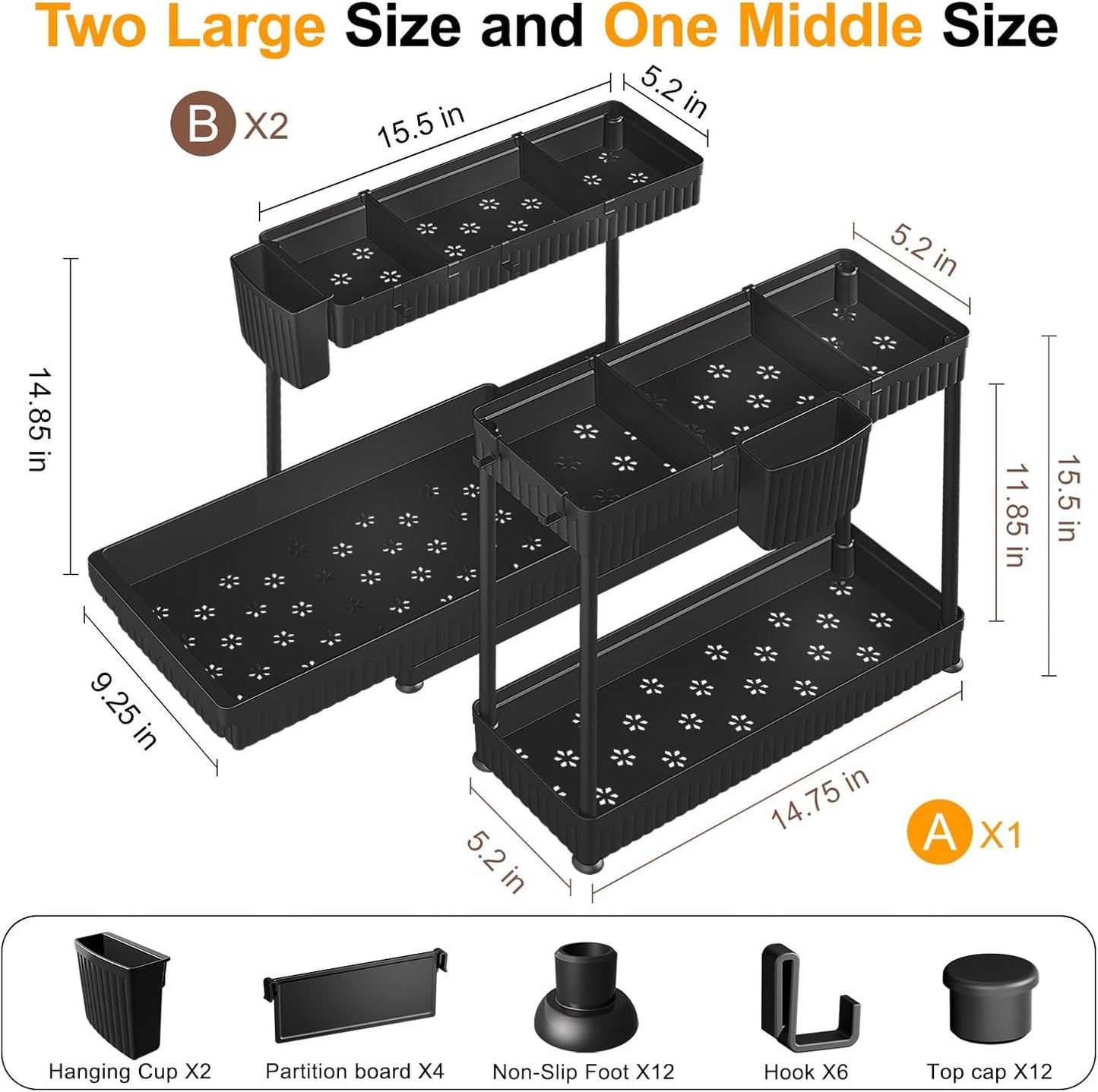 Sevenblue L-Shaped Pull-Out Storage Organizers, 3 Pack (Black, 12.85 inch)