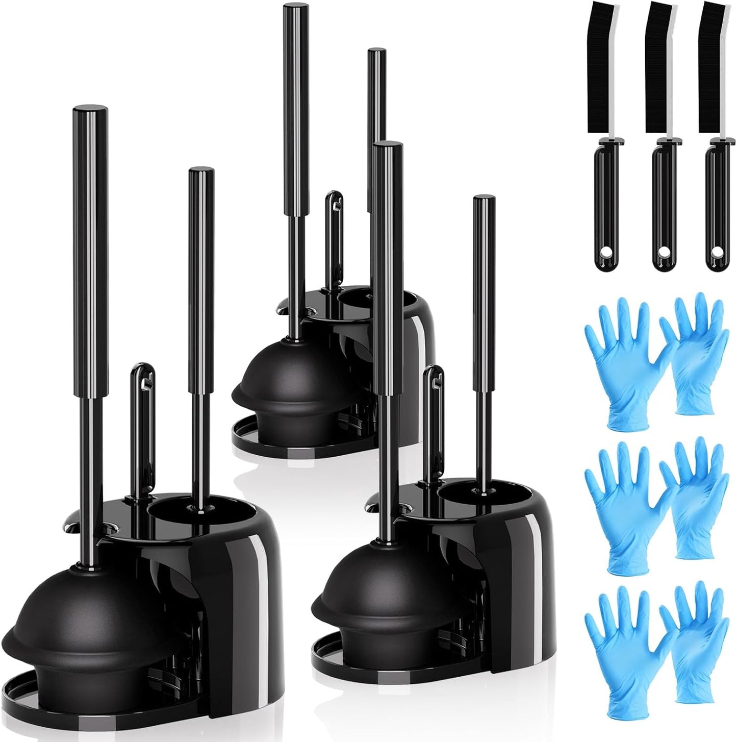 2 Pack 4 in 1 Toilet Brush and Plunger Set with Crevice Cleaning Brush, Toilet Plunger and Brush Set with Extra Long Handle, Plungers for Bathroom Accessories, Toilet Plunger with Holder, Black, Pack