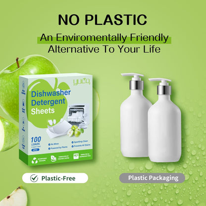 YUCO Dishwasher Detergent Sheets 100 Loads Liquid-Free Dish Soap Cleaner Strips Eco-Friendly No Plastic Dishwasher Pods Detergent Use in Dishwasher or Sink Leaving Dishes Sparkling Clean (Apple)