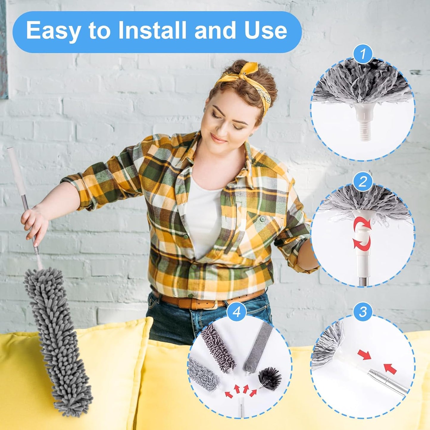 5-in-1 Kit Dusters for Cleaning, Duster with Extension Pole, Extendable Duster with 100 Inches, Microfiber Dusters, Webster Cobweb Duster for Cleaning Ceiling Fans, Furniture, Blinds - Blue