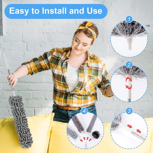 6-in-1 Duster for Cleaning Kit, Extendable Duster with Stainless Steel Pole - Microfiber, Ceiling Fan Cleaner Dusters and Chenille Dusters, Bendable Cobweb Removers for High Ceilings, Fans, Blinds