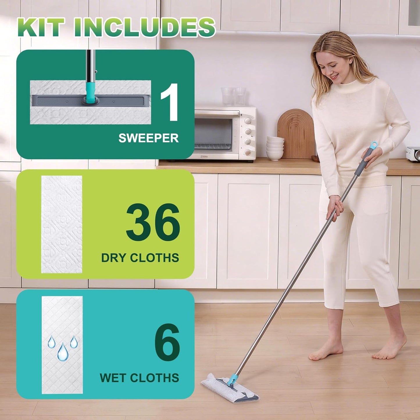 JOYMOOP Sweeper Mop Kit for Floor Cleaning, 36 Pcs Dry Cloth Refills (Unscented) + 6 Pcs Wet Cloth Refills (Lemon Scent) – Wet and Dry Mop for Pet Hair and Dust, Turquoise-Cyan + Muted Grey