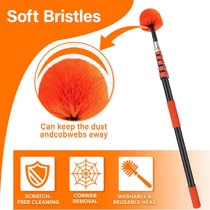 26FT Reach Cobweb Duster with Extension Pole - Spider Web Brush with 5-20 FT Telescopic Aluminum Pole, Washable & Reusable Soft Bristles for Cleaning High Ceiling Corner, Indoor, Outdoor