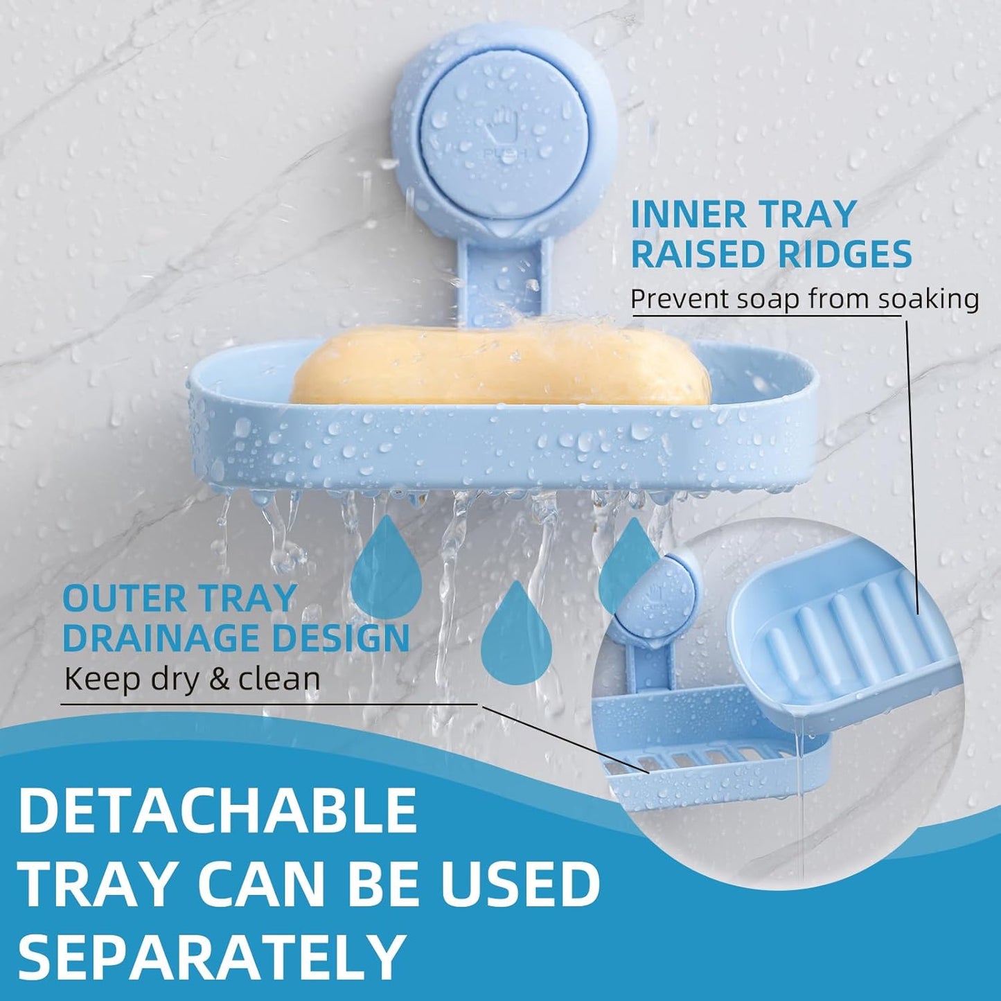 LEVERLOC Soap Holder Shower with Hooks, Bar Suction Cup Soap Dish Tray for Wall, Rust-Proof Stainless Steel Sponge Caddy for Bathroom Accessories Organizer Bathtub Kitchen Sink, Black