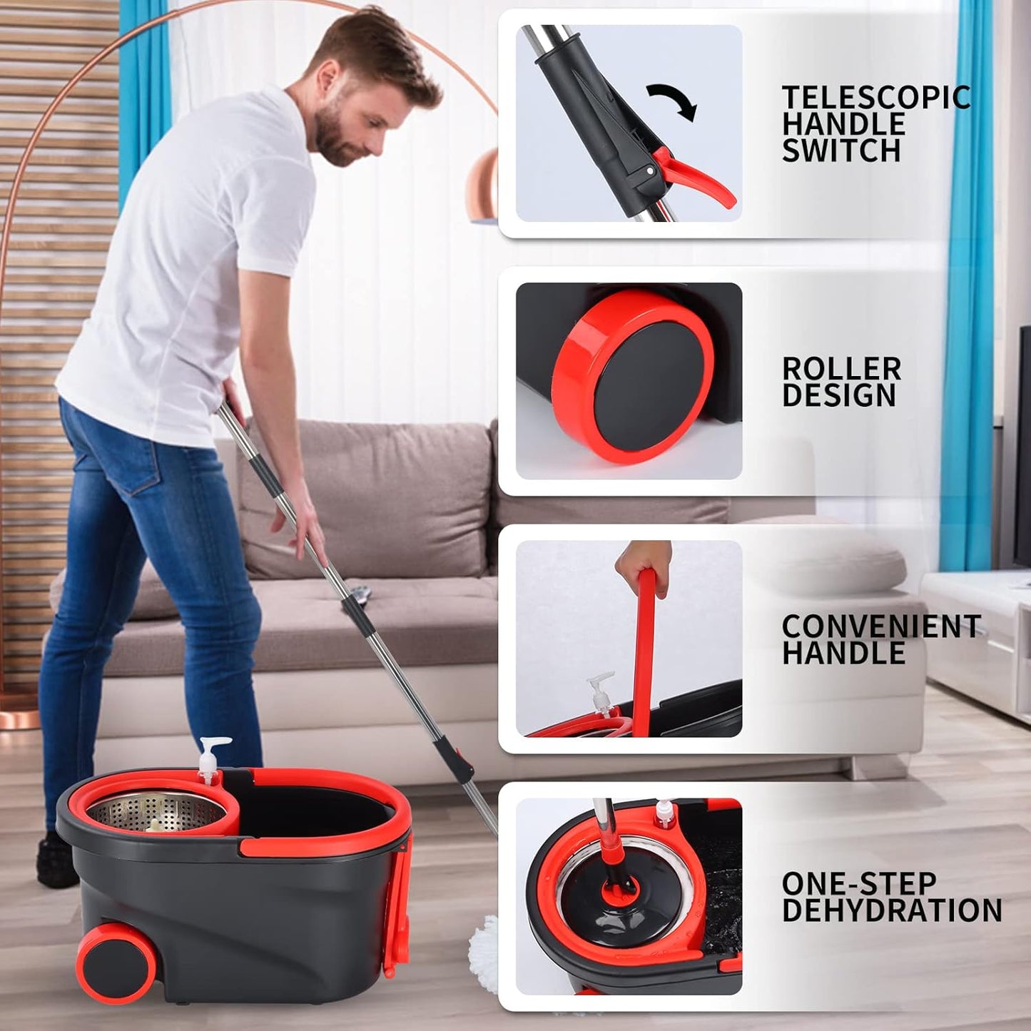 Mop and Bucket Set, 360° Spin Mop and Bucket with Wringer Set and 3 Microfiber Mop Refills, Stainless Steel 61" Extended Handle Spinning Mop Bucket System for Floor Cleaning