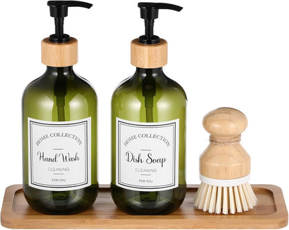 Zopeal 4 Pcs 16 oz Kitchen Soap Dispenser Set with Bamboo Tray and Dish Brush Plastic Soap Dispenser Set with Waterproof Labels for Hand Dish Lotion(Frosted Black)