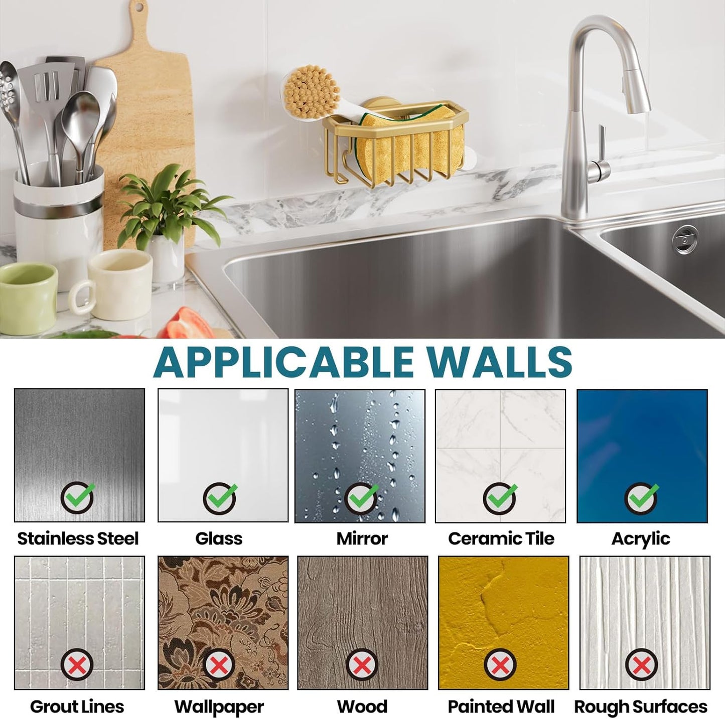 TAILI Sponge Holder for Kitchen Sink with Strong Suction Cup, Rustproof Aluminum Sink Caddy for Sponges, Removable Sponge Holder, Dish Brush for Scraper - Silver