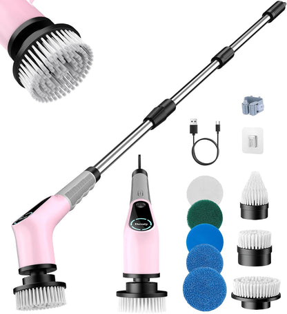 Dovety Electric Spin Scrubber, Shower Scrubber, Power Cleaner Tools with 8 Replaceable Brush Heads, Cleaning Brush with Extension Handle, 2 Adjustable Speeds, 90Mins Work Time for Home Bathtub-White