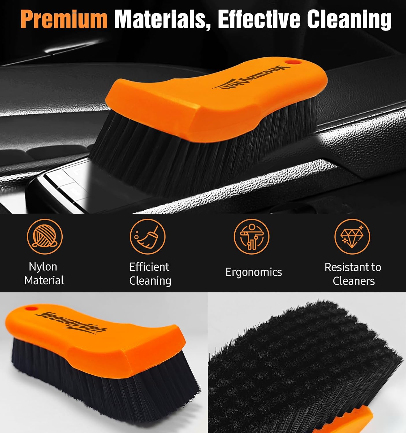 YeewayVeh 3pcs Car Detailing Brush Set, Boars Hair Detailing Brushes, Ultra Soft Detail Brush for Air Vent Leather Seat, Scratch Free Car Detailing Brushes for Interior Exterior, Orange