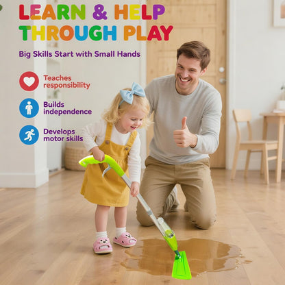 Kids Spray Mop Fun&Functional Toddler Cleaning Set Kids Mop with Real Water Sprayer Bottle Washable Pads Pretend Play Montessori Housekeeping Gifts for Toddlers Kids Girls Boys(Green)