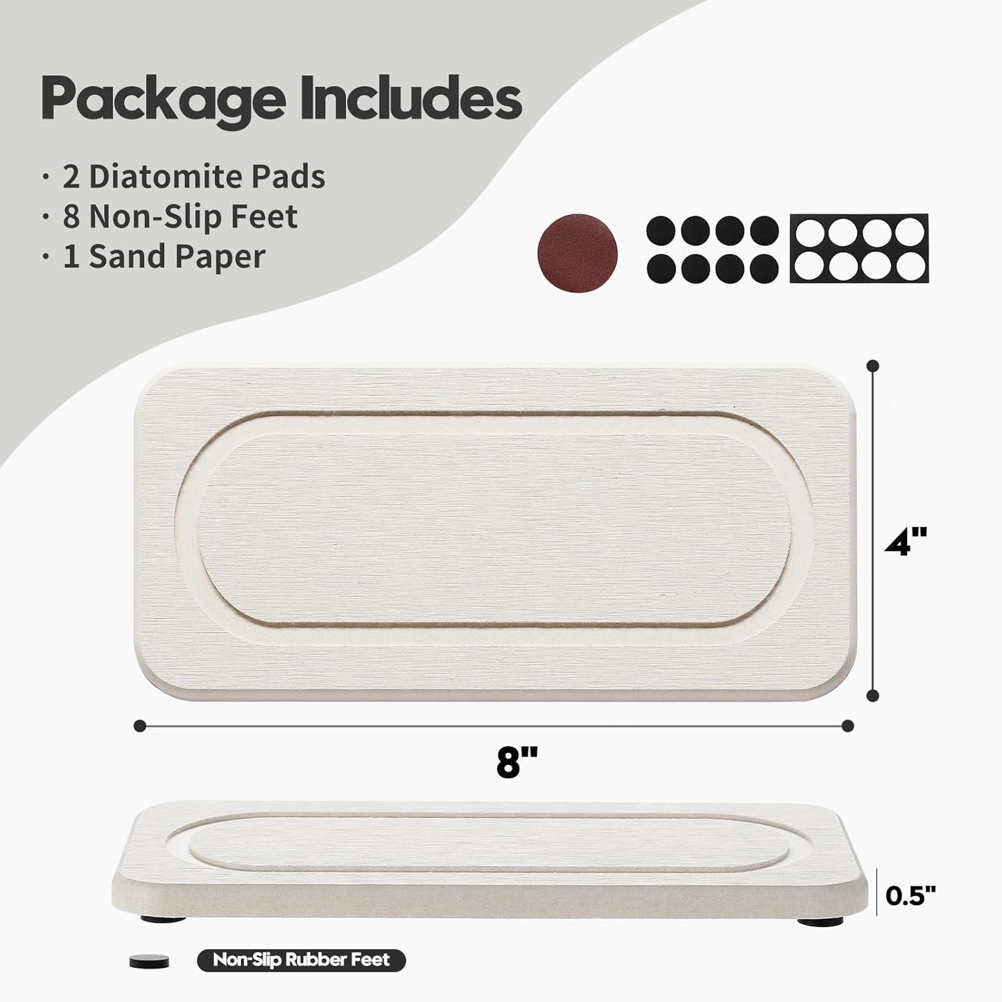 Fast Water Absorption Sink Organizer Tray Set, 3-Pack Compact and Space-Saving Stone Soap Holder Caddy for Kitchen & Bathroom Counter, Faucet Splash Guard, White (1pc of 8"x3.8" + 2pcs of 3.8"x3.8")