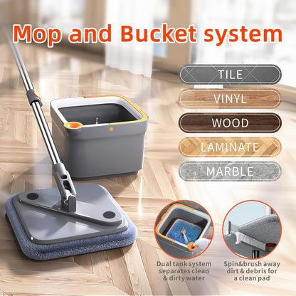 Spin Mop and Bucket Set with Self Separation Dirty and Clean Water System, Mop Set with Self Wringing 360° Rotating Clean Floor Mop-Head for Hardwood Tile Marble Floors (Dark Gray, 10pads)