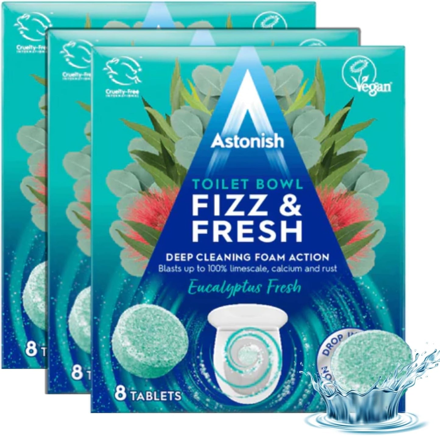 Astonish Foaming Pink Peony Toilet Bowl Cleaner - Deep Cleaning Limescale, Calcium & Rust - No Bottle, Removes Hard Stains - Box of 8 Tablets