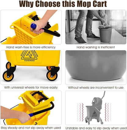 Mop Bucket, Commercial Bucket for Mopping on Wheels with Potable Handle, Mop Bucket with Wringer for Home, Household, Office, Bathroom, Yellow (25 Quarts)